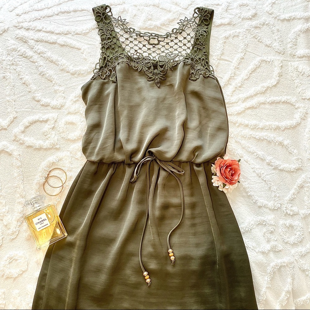 Olive Maxi Dress w/ Lace & Side Slits
